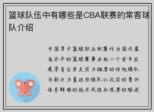 篮球队伍中有哪些是CBA联赛的常客球队介绍