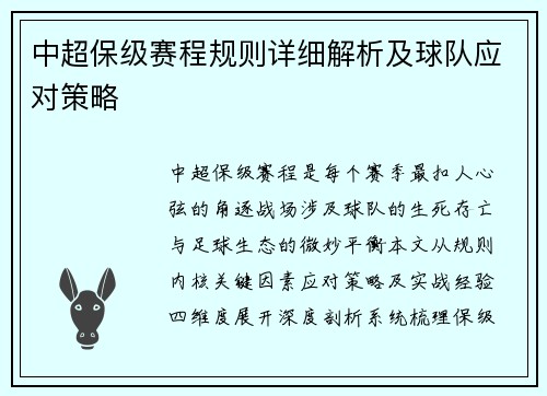 中超保级赛程规则详细解析及球队应对策略